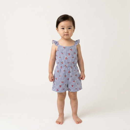 Blue Cherry Gingham Romper