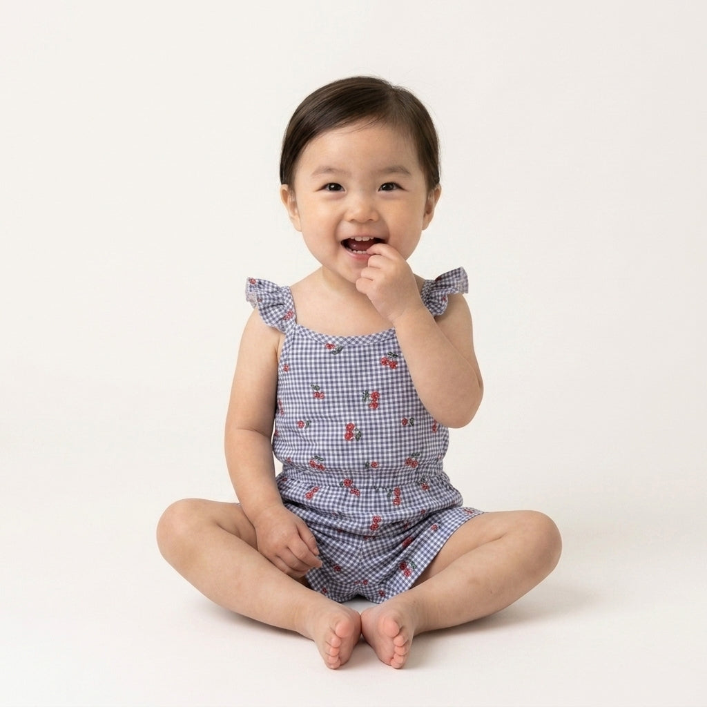 Blue Cherry Gingham Romper