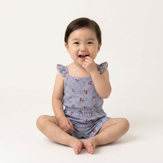 Blue Cherry Gingham Romper